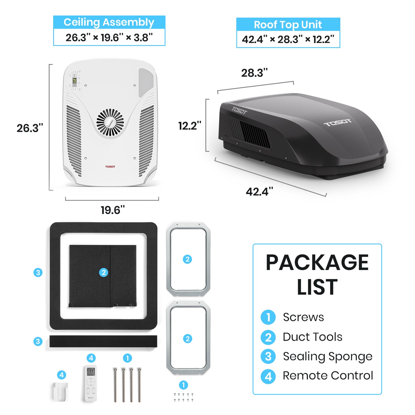 package includes screws, duct tools,sealing sponge,remote control
