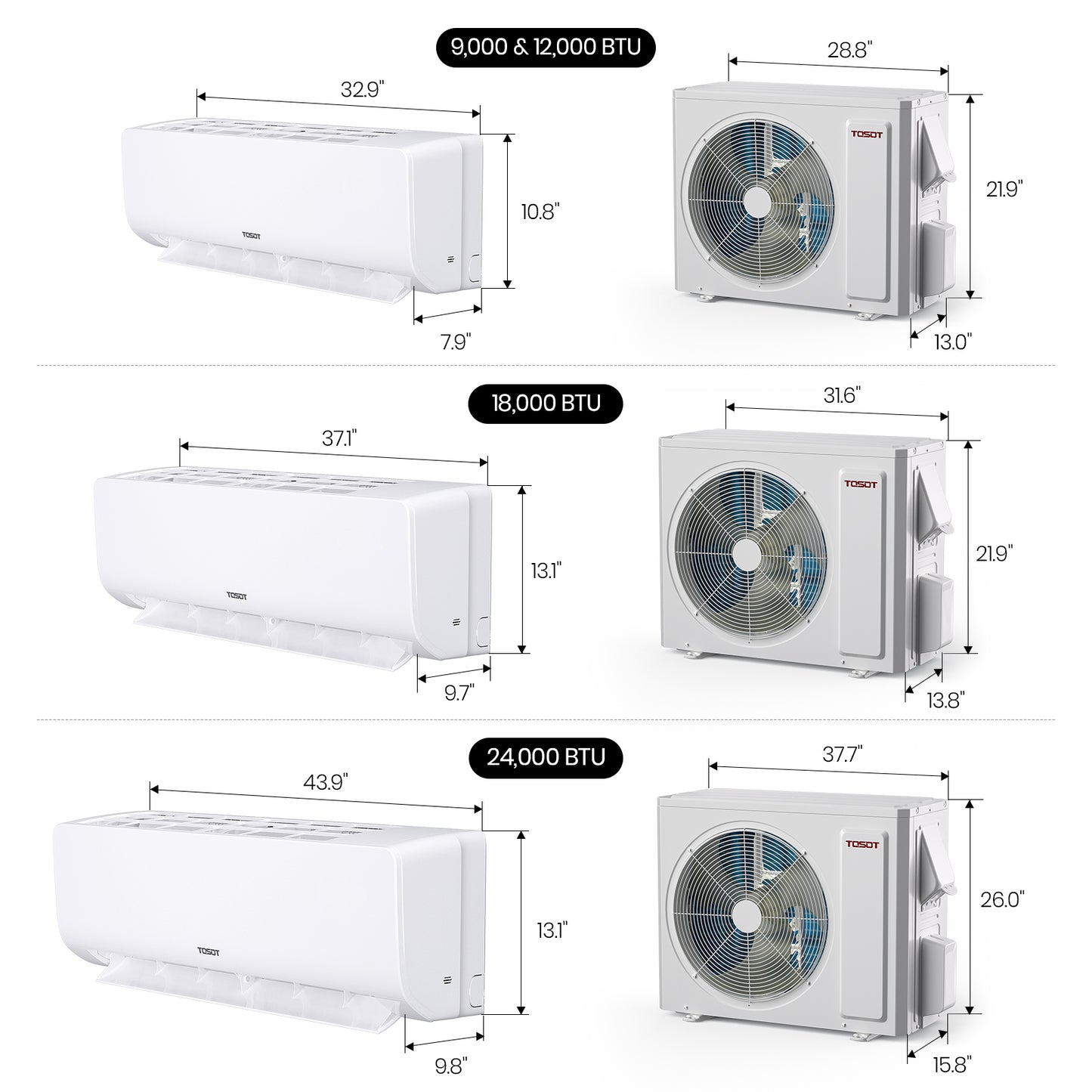 Illustrations of different sizes of air conditioning units with dimensions labeled.