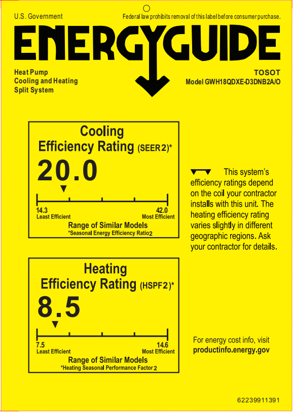 energy guide. 20 seer2. 8.5 hspf2