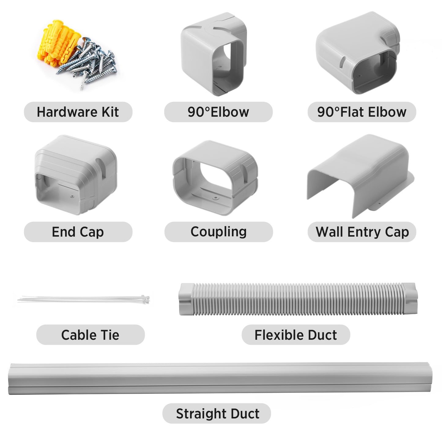 package list: hardware kit, 90 elbow, flat elbow, end cap, coupling, wall entry cap, cable tie,flexible duct, straight duct