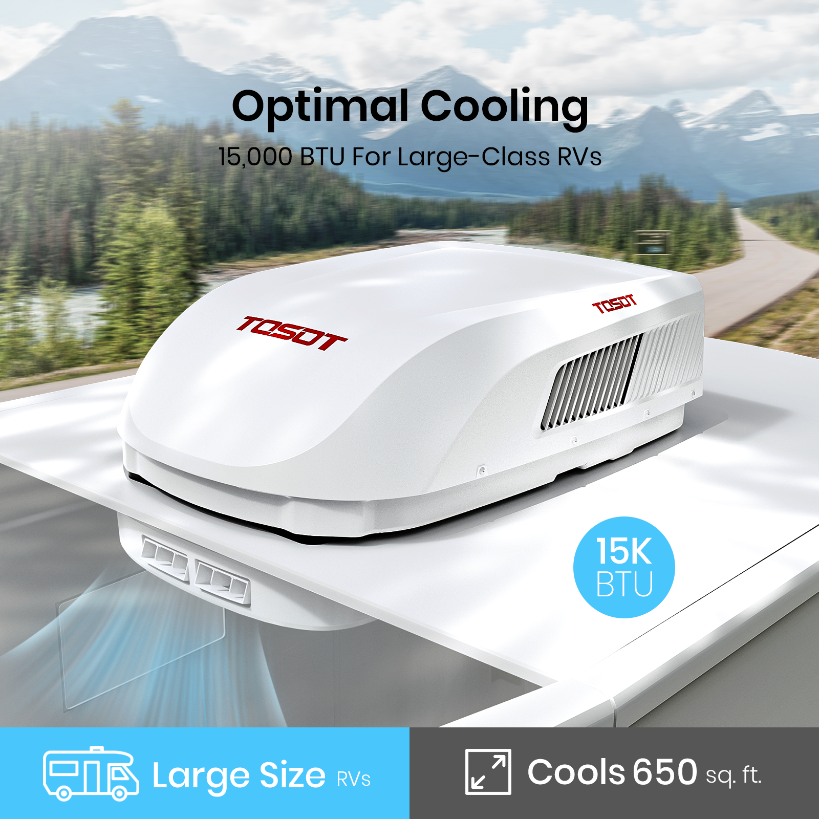 optimal cooling 15,000BTU for large-class rvs. cools 650 sq.ft