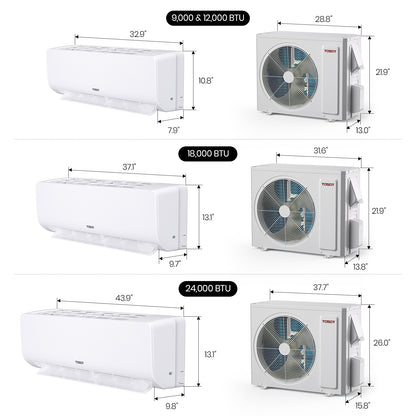 Illustrations of different sizes of air conditioning units with dimensions labeled.