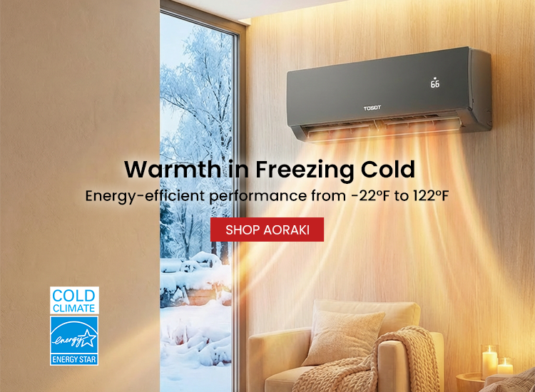 aoraki  mini split ac with warm air output next to a fireplace, window, and cozy chair.