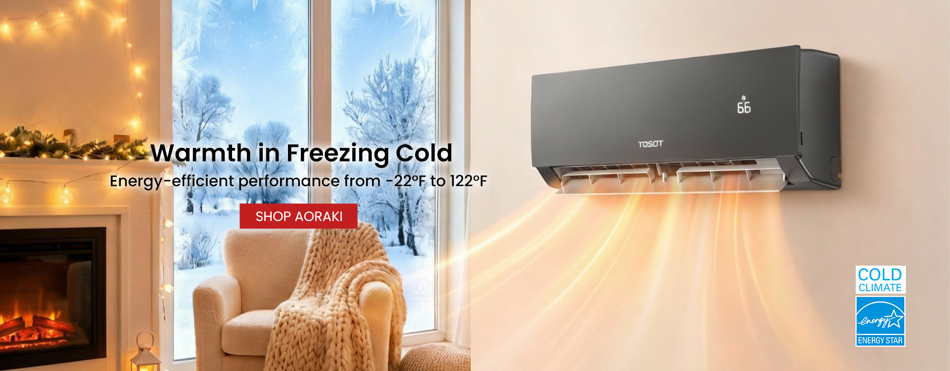 aoraki  mini split ac with warm air output next to a fireplace, window, and cozy chair.